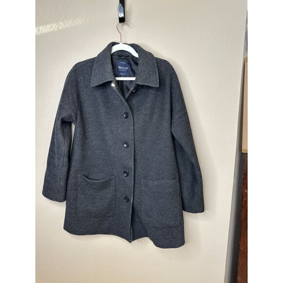 Madewell Womens Black Coat Medium wool‎ collared mid length button up pockets - Picture 1 of 6